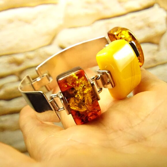Unique Amber and 925 Silver Cuff Bracelet 6.75 - Picture 13 of 14
